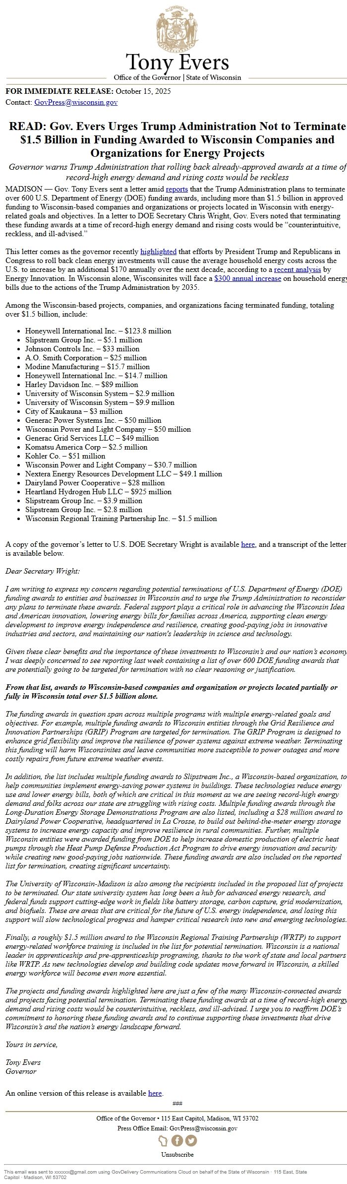 Screenshot of the email generated on import
