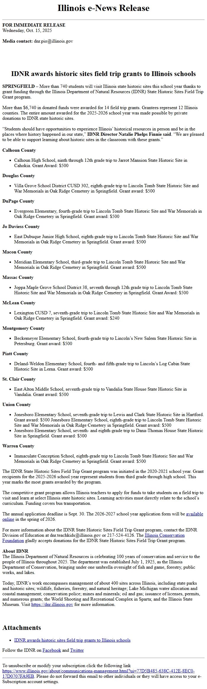 Screenshot of the email generated on import