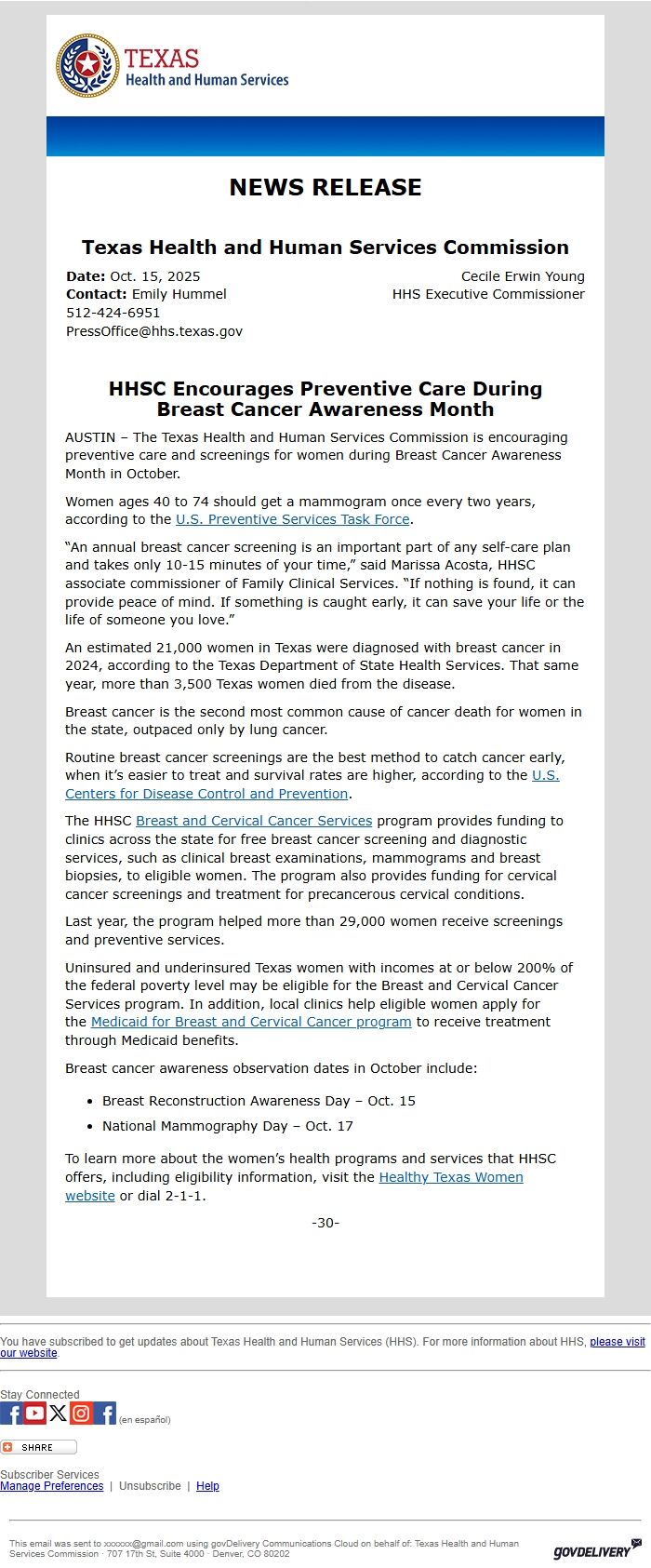 Screenshot of the email generated on import