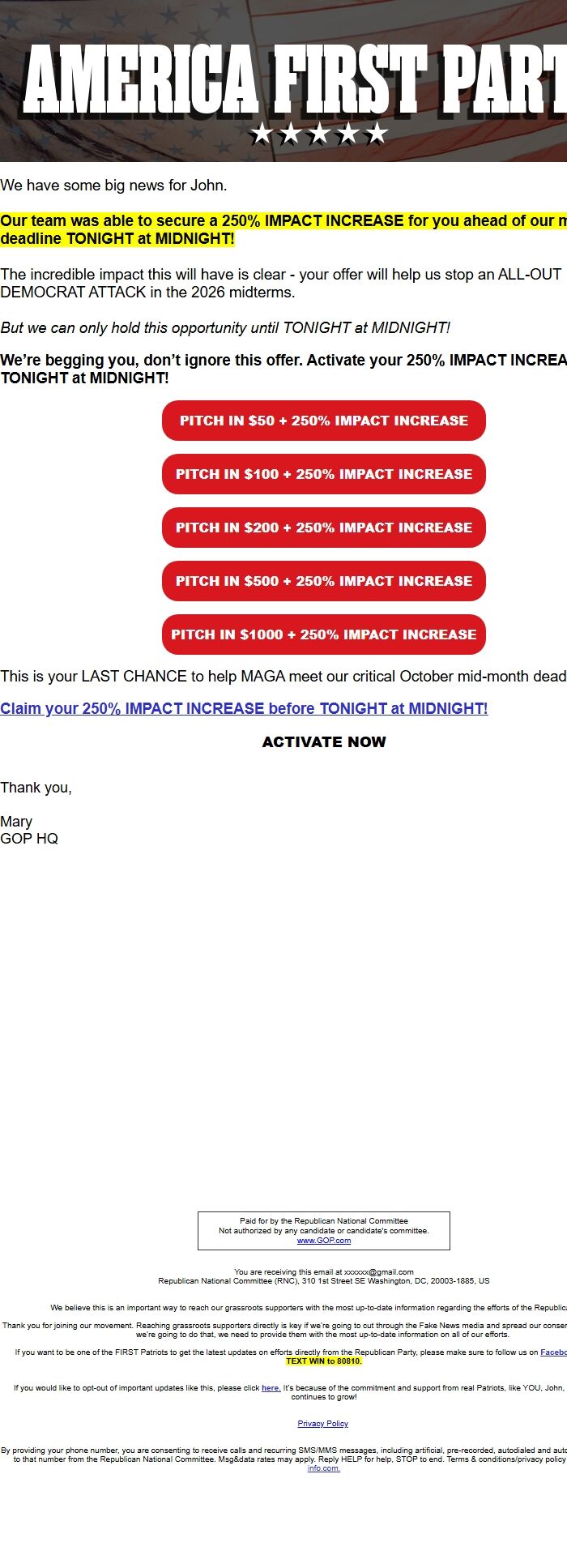 Screenshot of the email generated on import