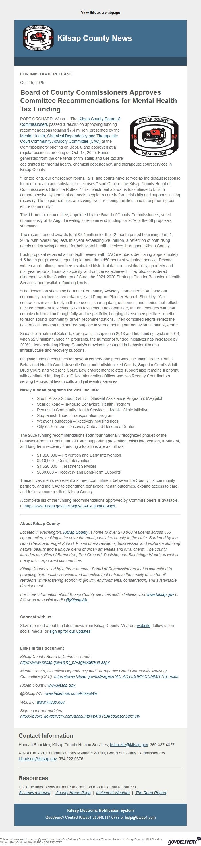 Screenshot of the email generated on import
