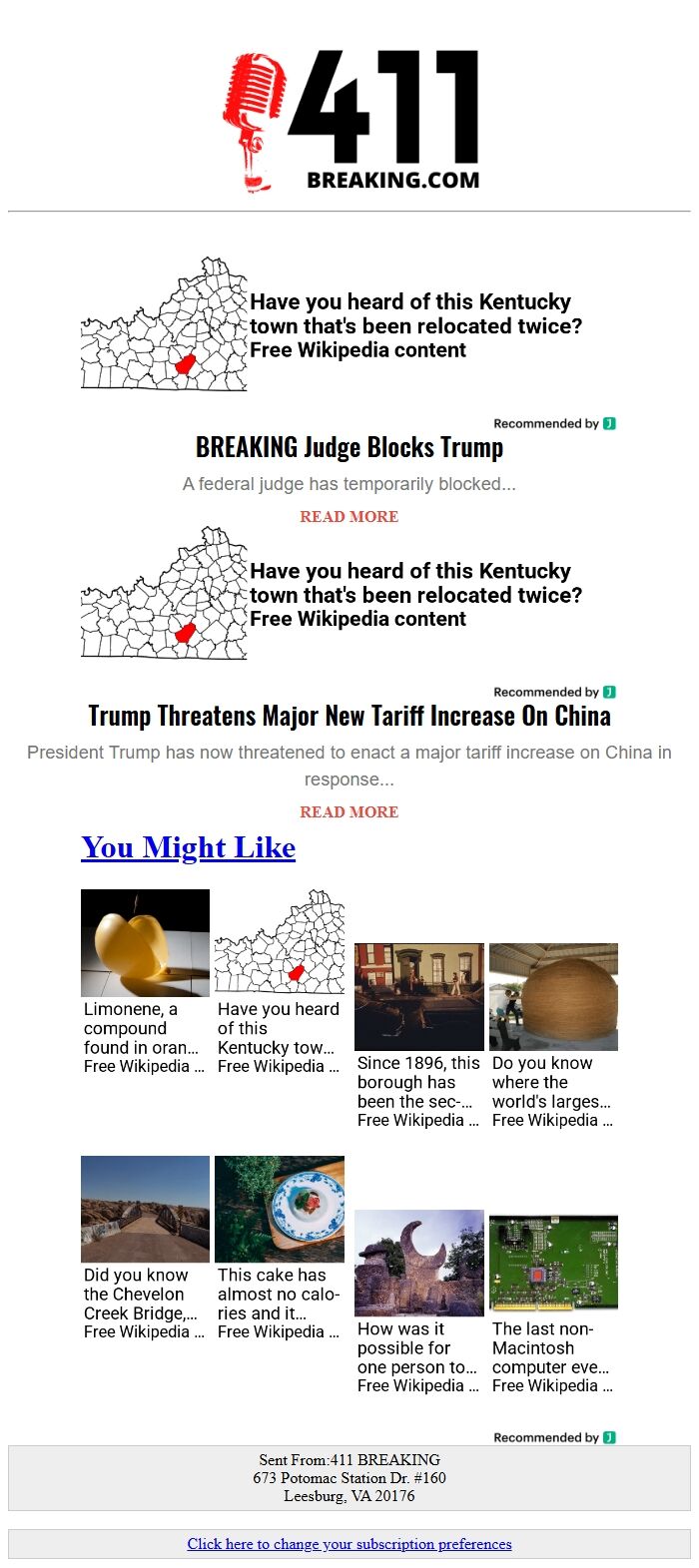 Screenshot of the email generated on import