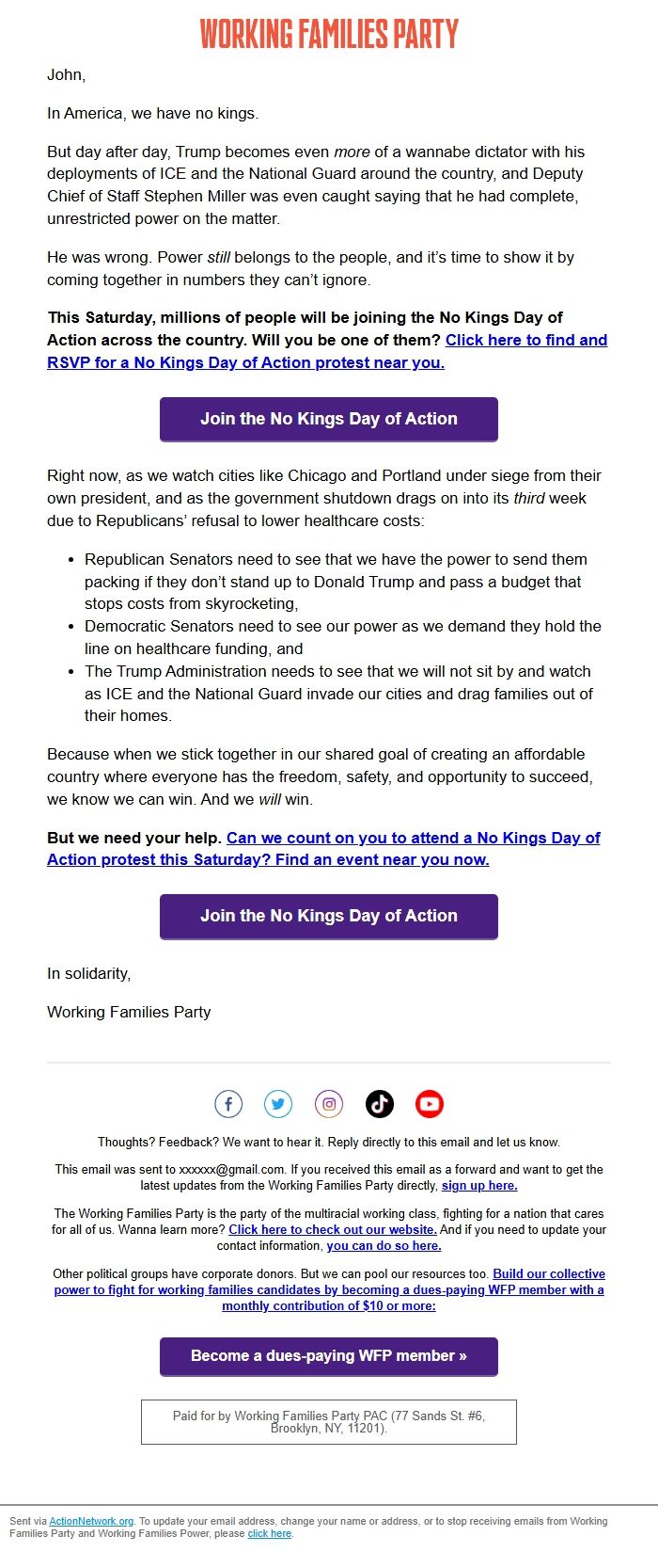 Screenshot of the email generated on import