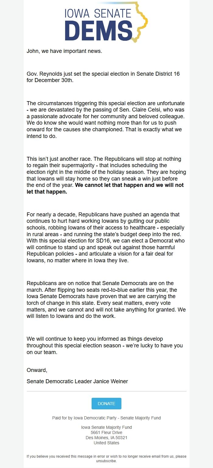 Screenshot of the email generated on import