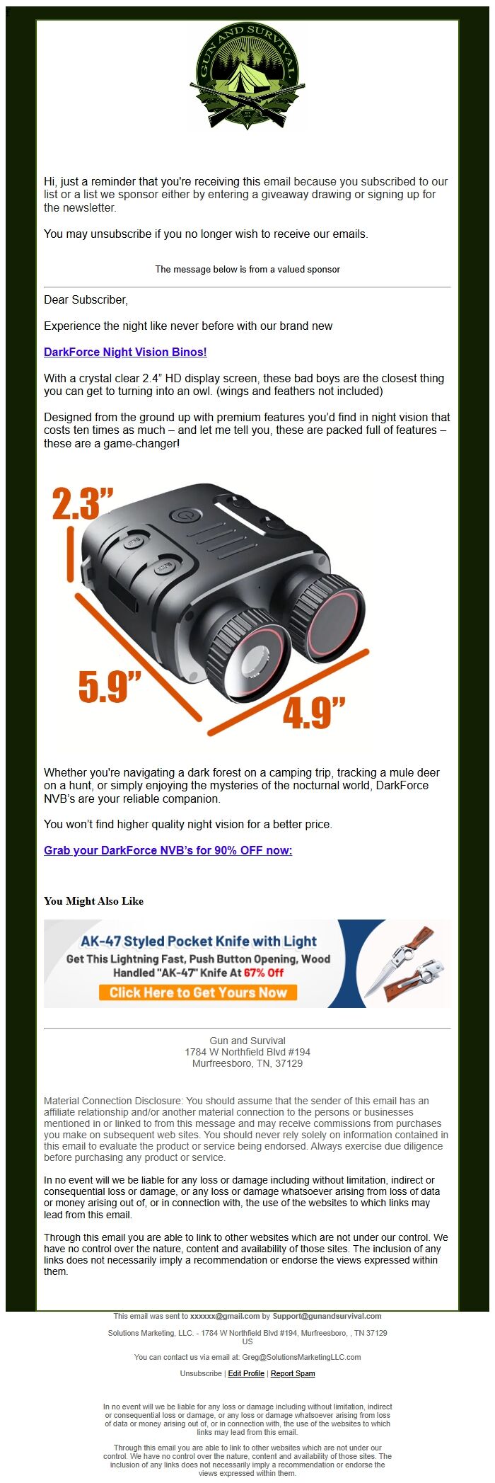 Screenshot of the email generated on import
