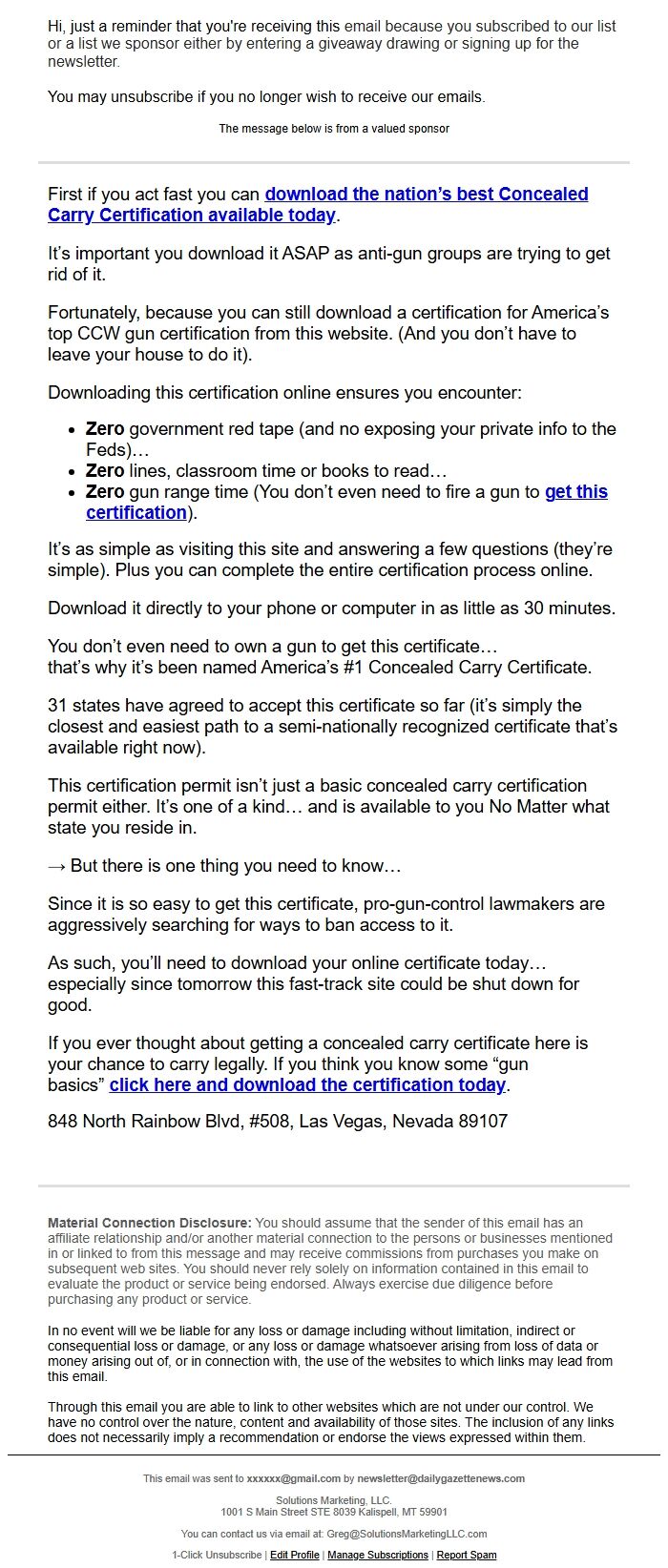 Screenshot of the email generated on import