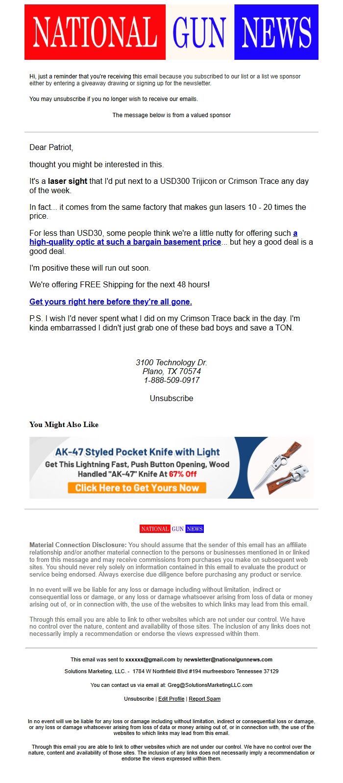 Screenshot of the email generated on import