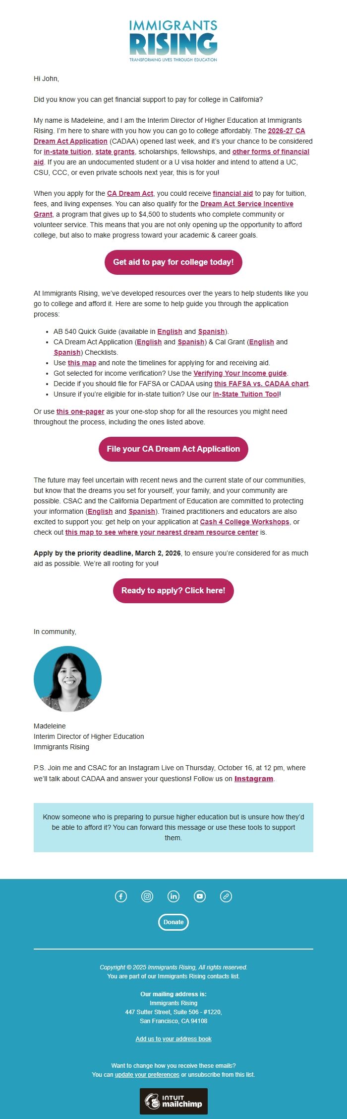 Screenshot of the email generated on import