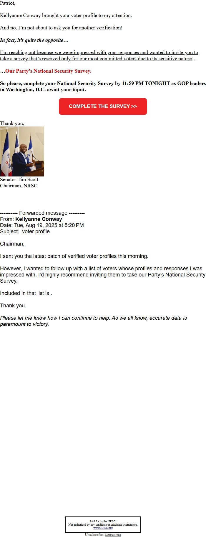 Screenshot of the email generated on import
