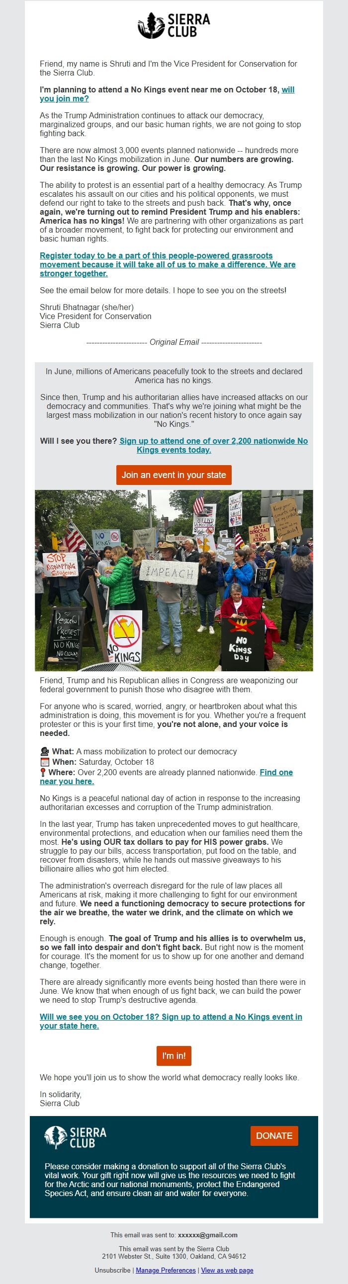 Screenshot of the email generated on import