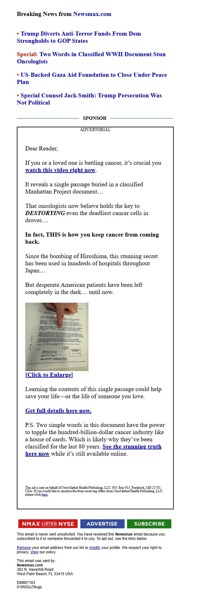 Screenshot of the email generated on import