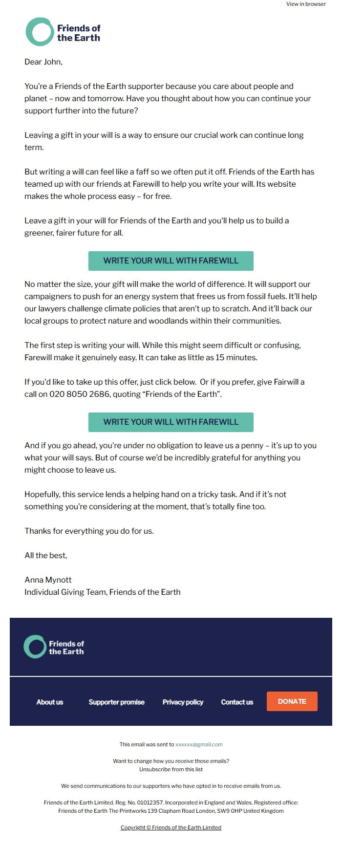 Screenshot of the email generated on import