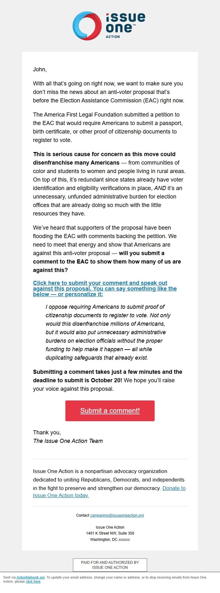 Screenshot of the email generated on import