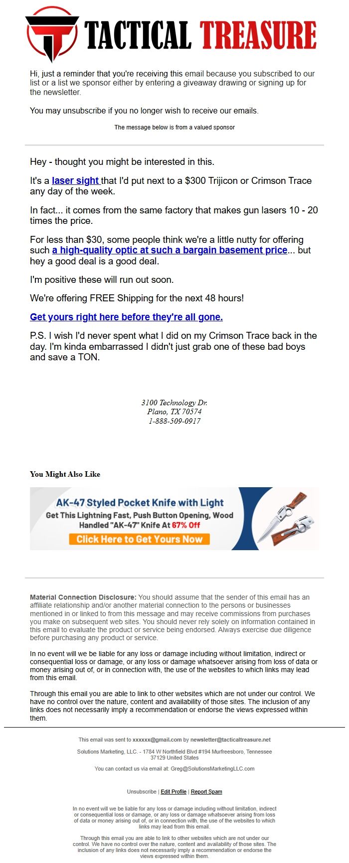 Screenshot of the email generated on import
