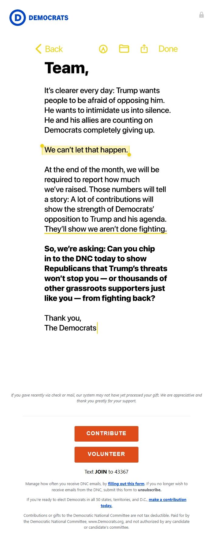 Screenshot of the email generated on import