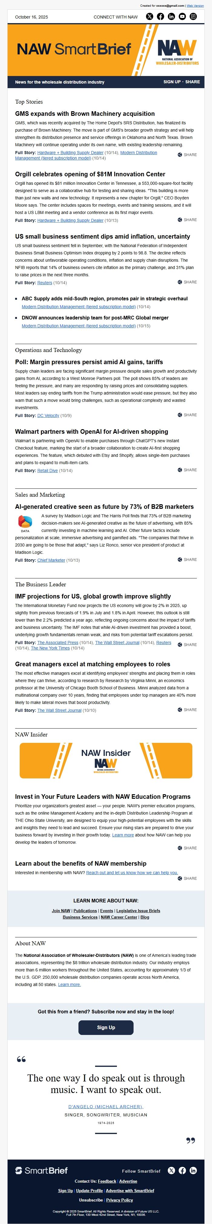 Screenshot of the email generated on import