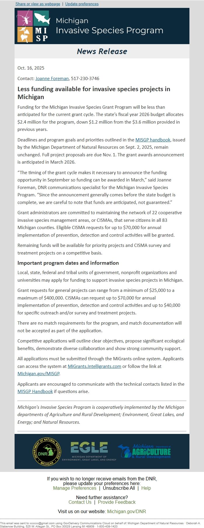 Screenshot of the email generated on import