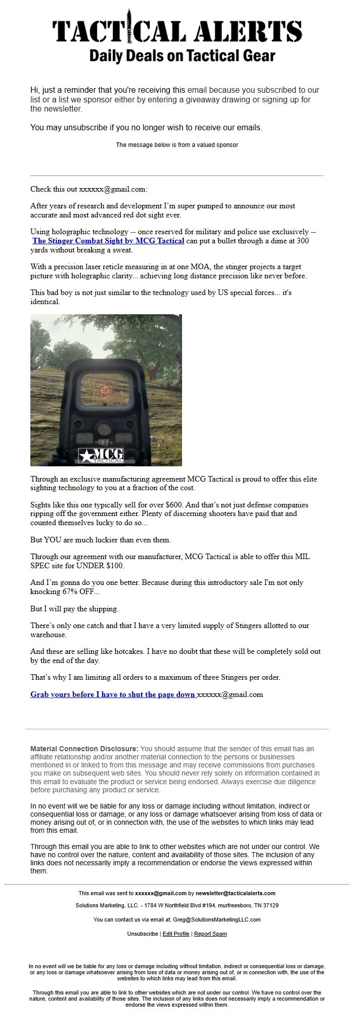 Screenshot of the email generated on import