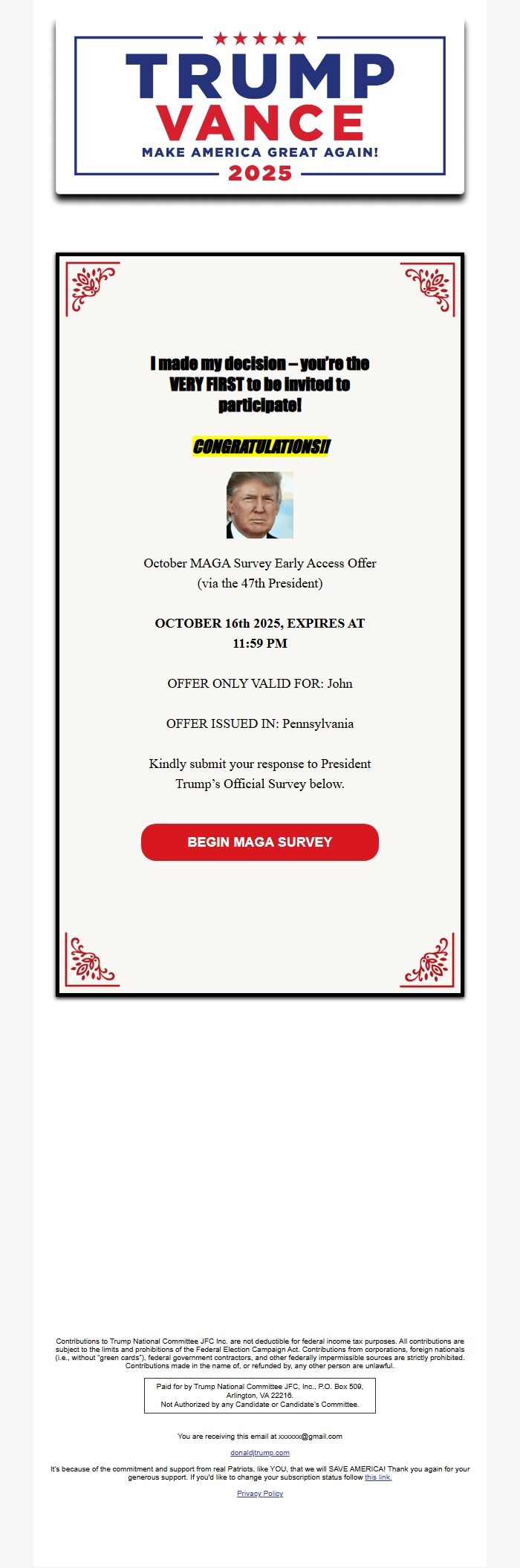 Screenshot of the email generated on import