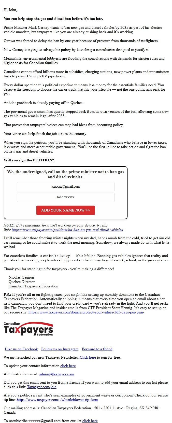 Screenshot of the email generated on import