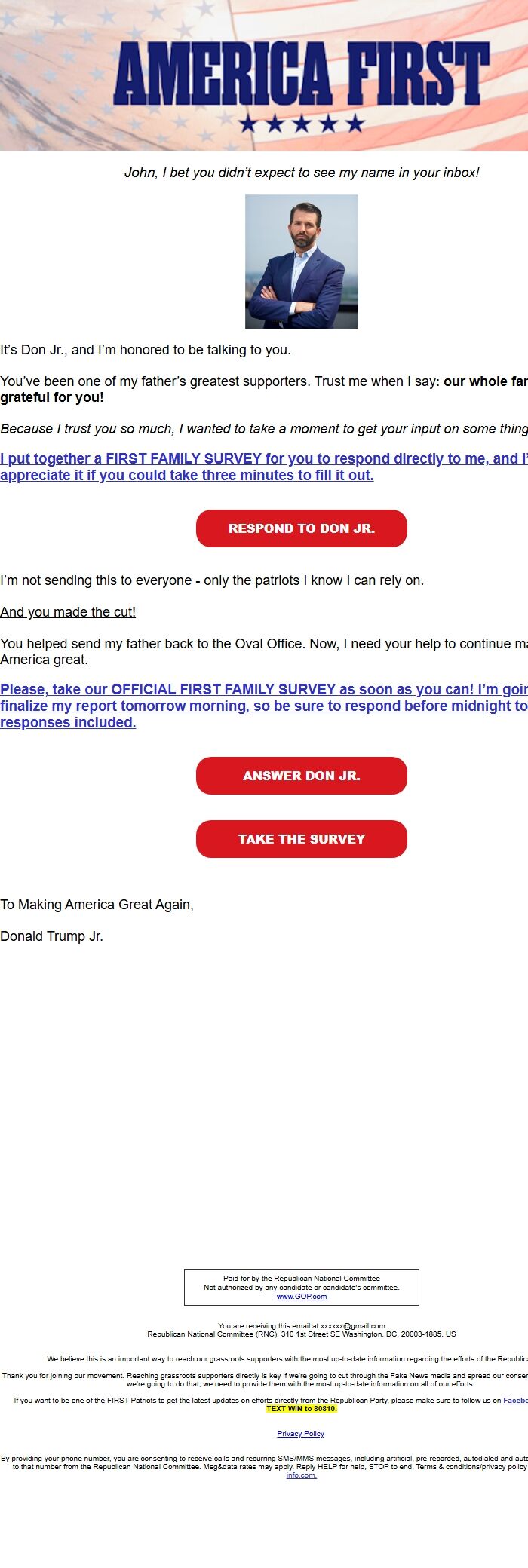 Screenshot of the email generated on import