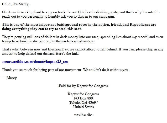Screenshot of the email generated on import