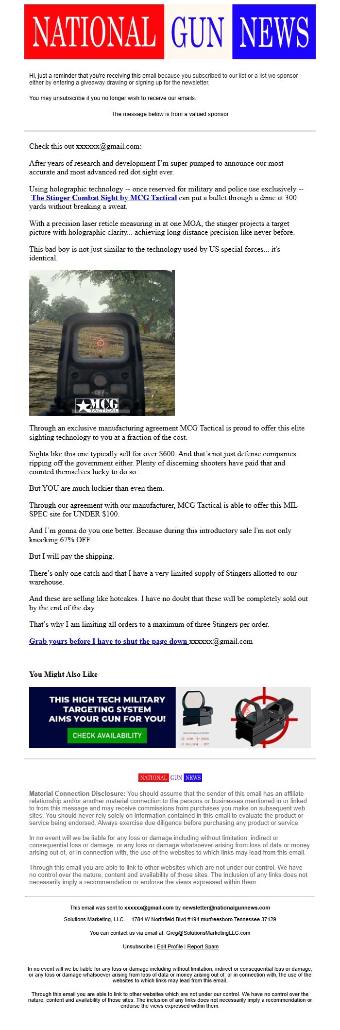 Screenshot of the email generated on import