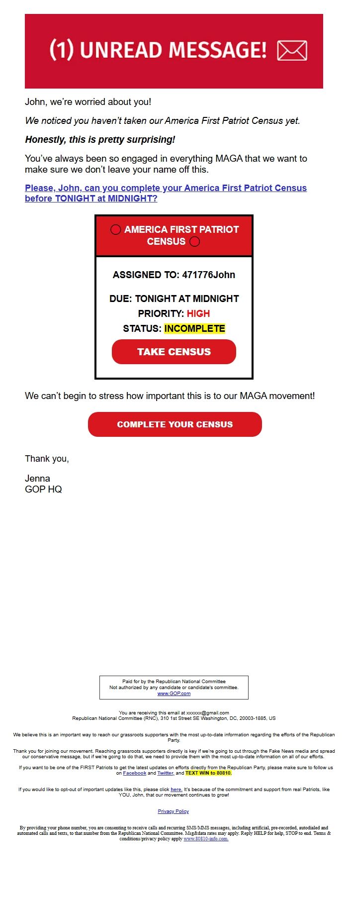Screenshot of the email generated on import