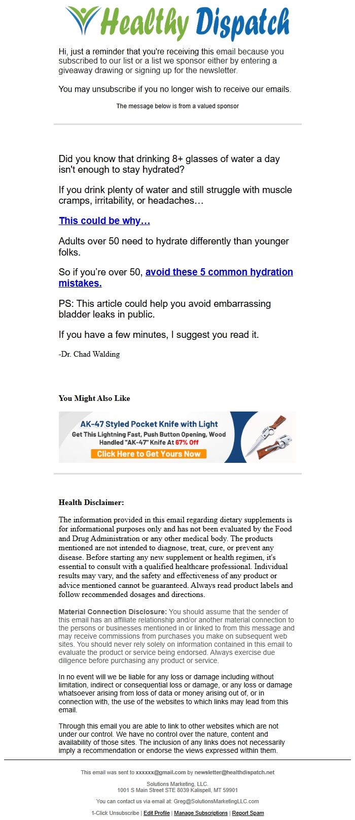 Screenshot of the email generated on import