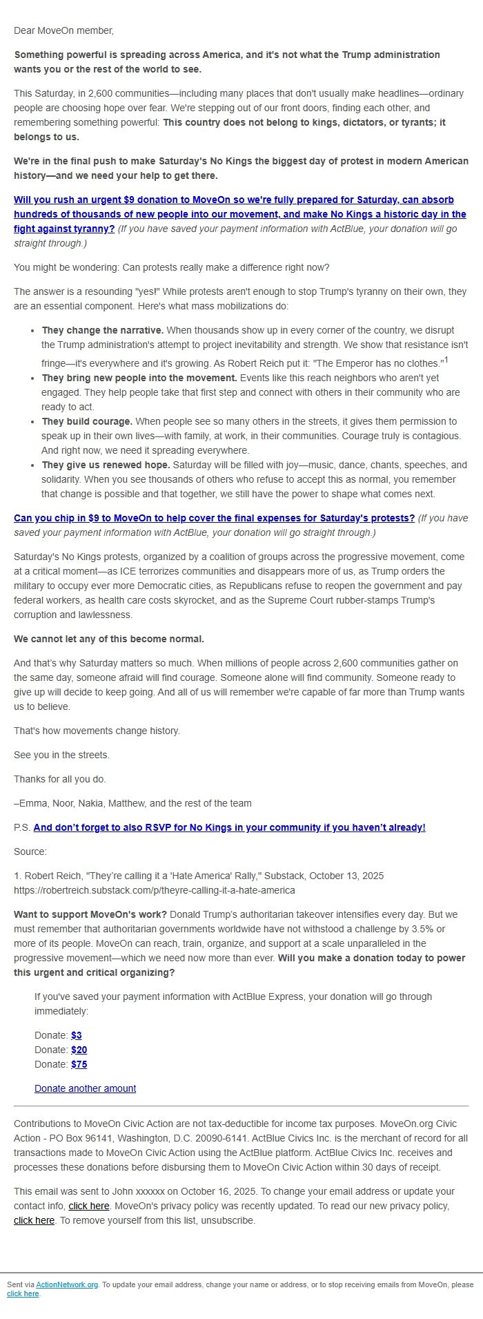 Screenshot of the email generated on import