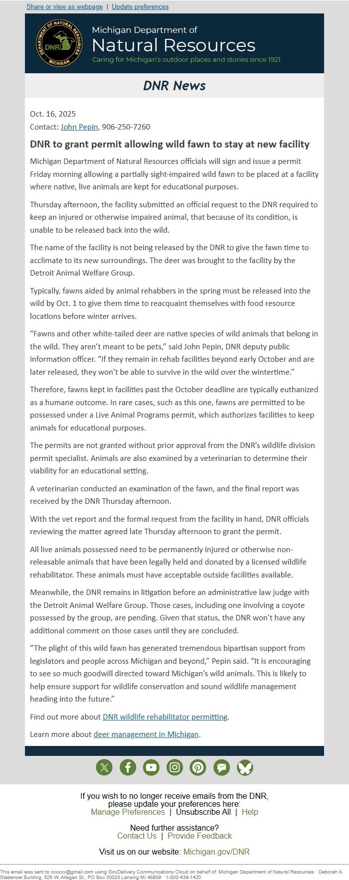Screenshot of the email generated on import