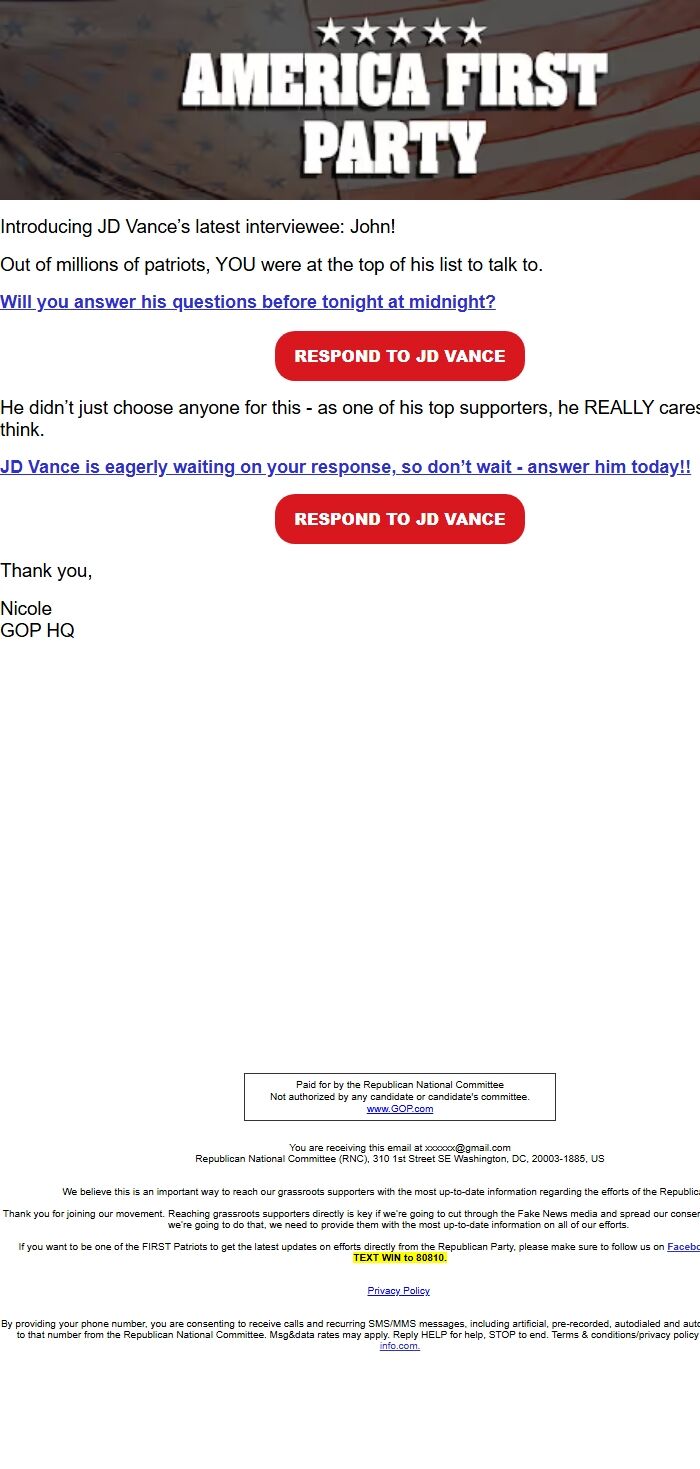 Screenshot of the email generated on import