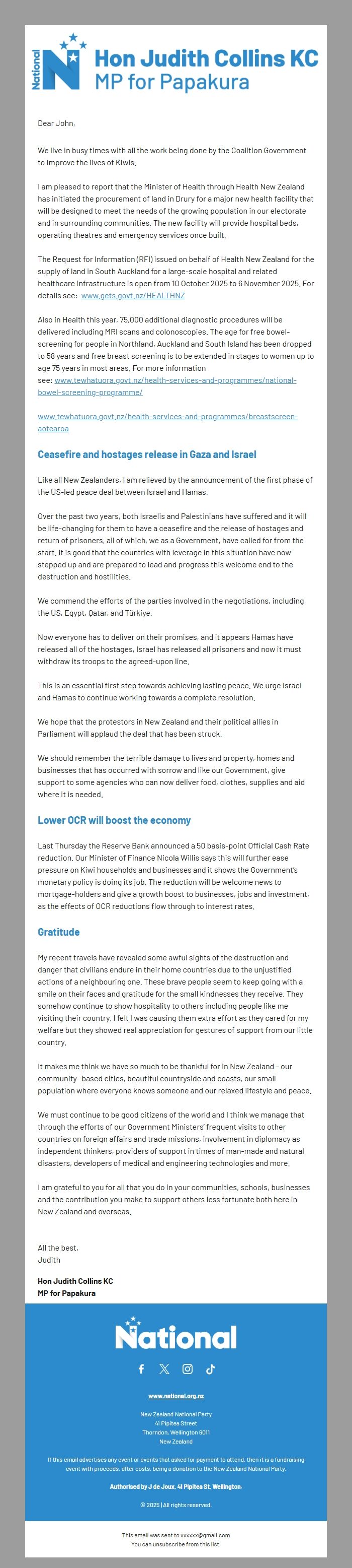 Screenshot of the email generated on import