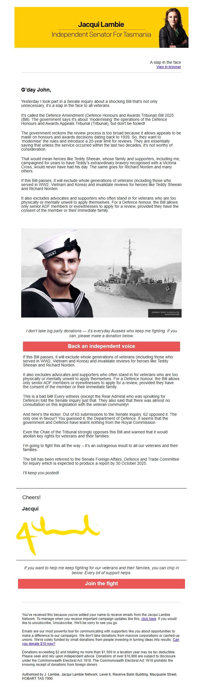Screenshot of the email generated on import