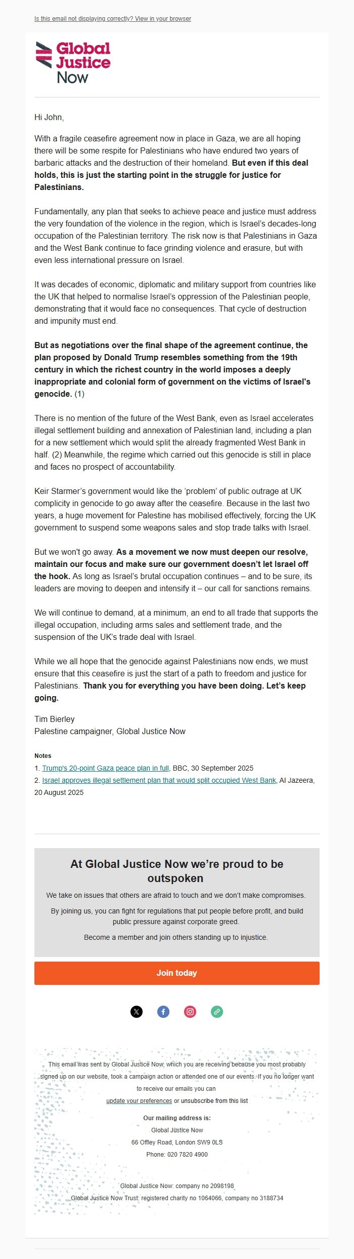 Screenshot of the email generated on import