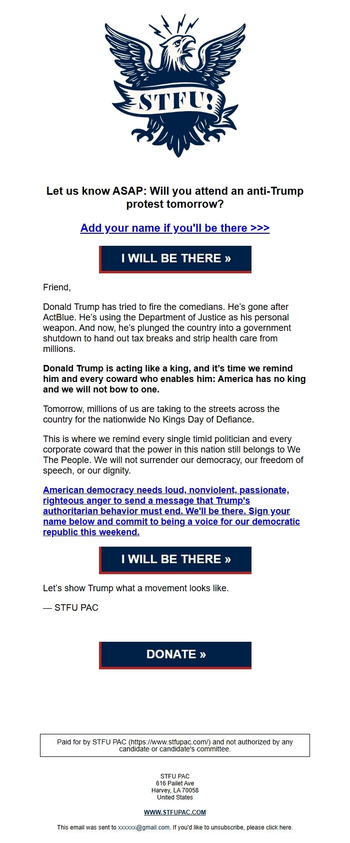 Screenshot of the email generated on import