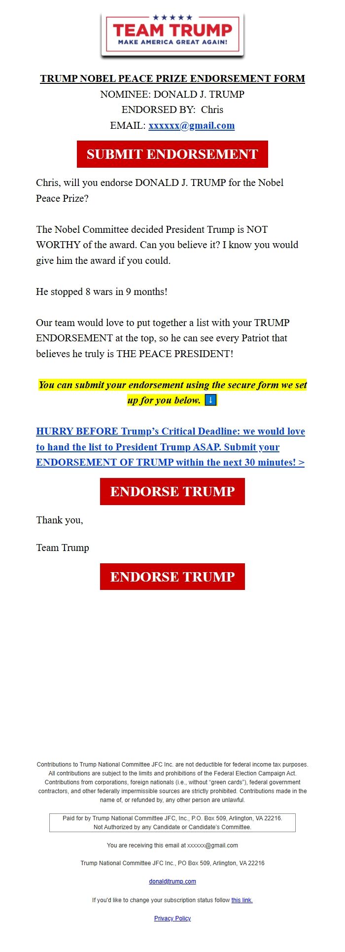 Screenshot of the email generated on import