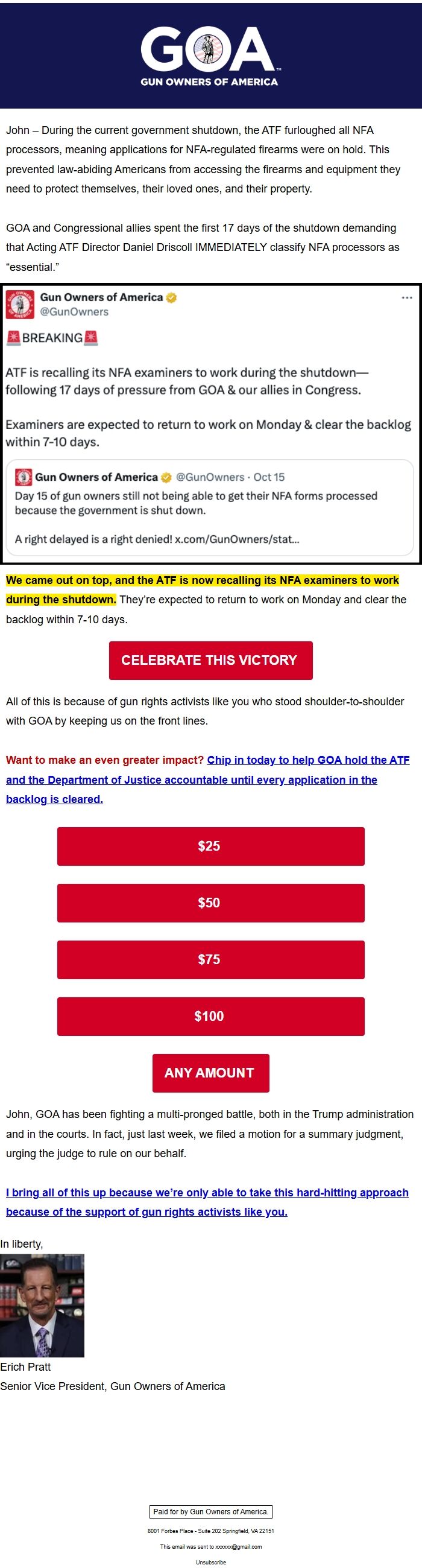 Screenshot of the email generated on import