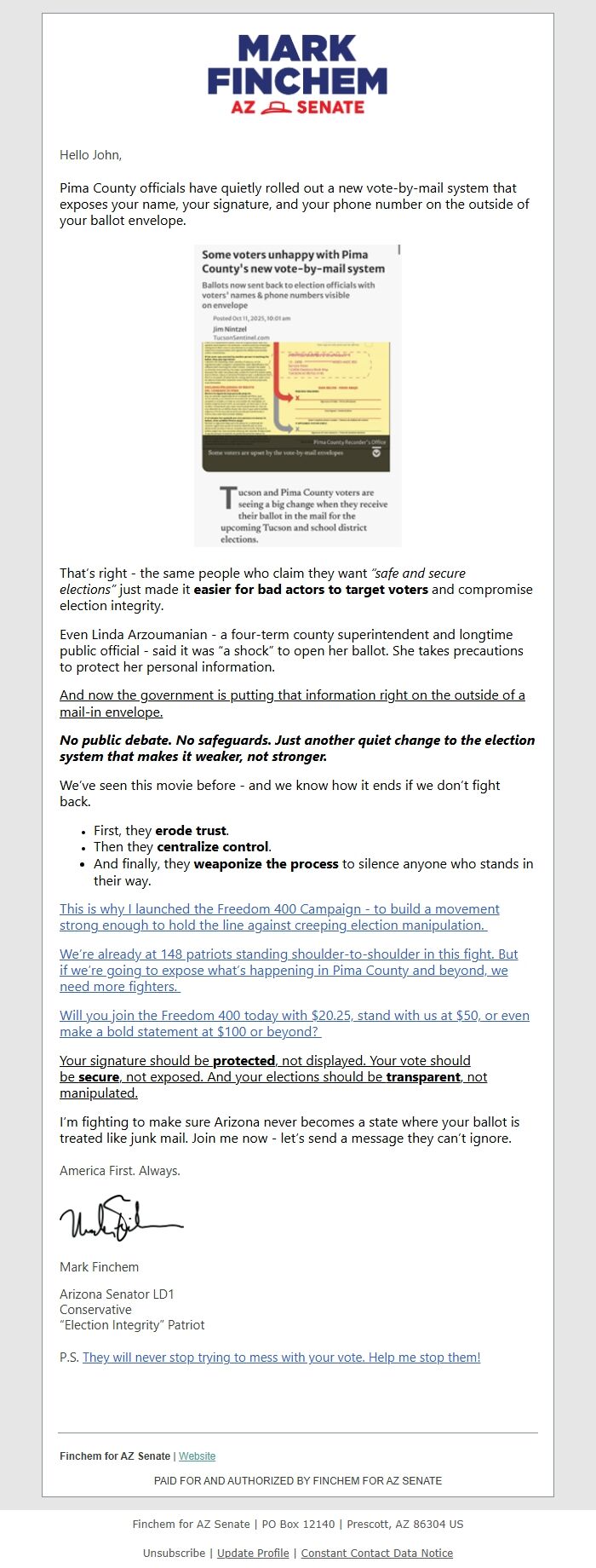 Screenshot of the email generated on import