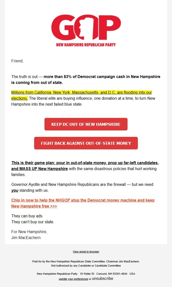 Screenshot of the email generated on import