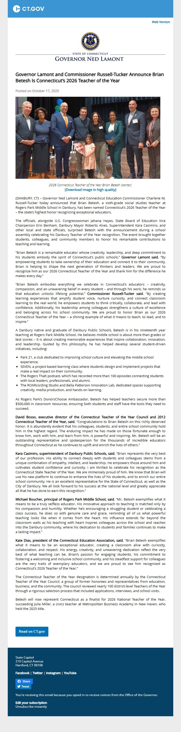 Screenshot of the email generated on import