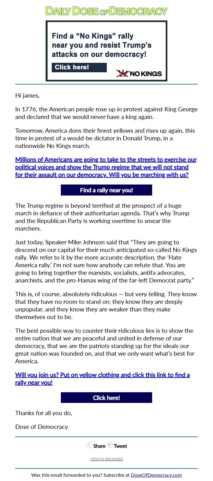 Screenshot of the email generated on import