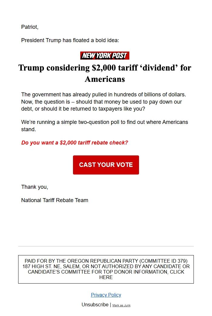 Screenshot of the email generated on import
