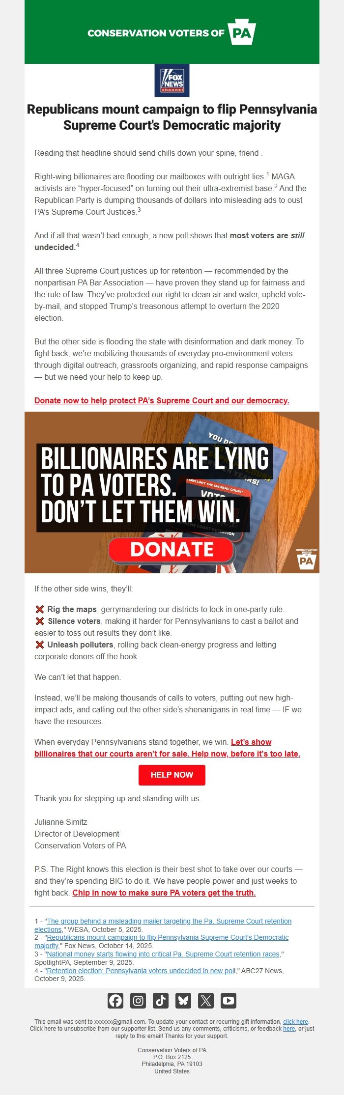 Screenshot of the email generated on import