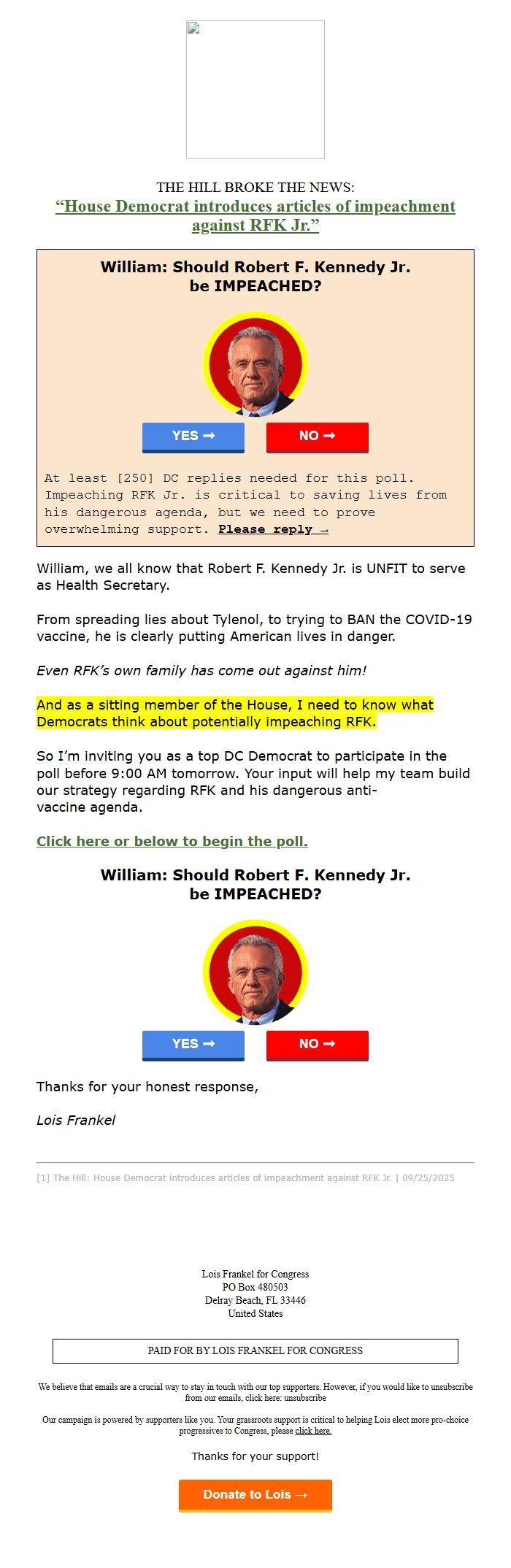 Screenshot of the email generated on import