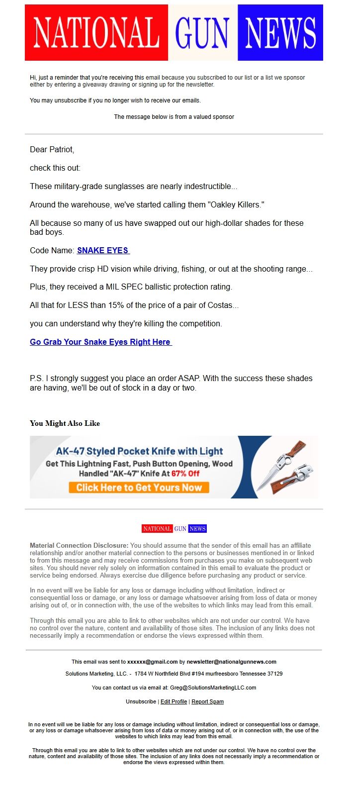 Screenshot of the email generated on import