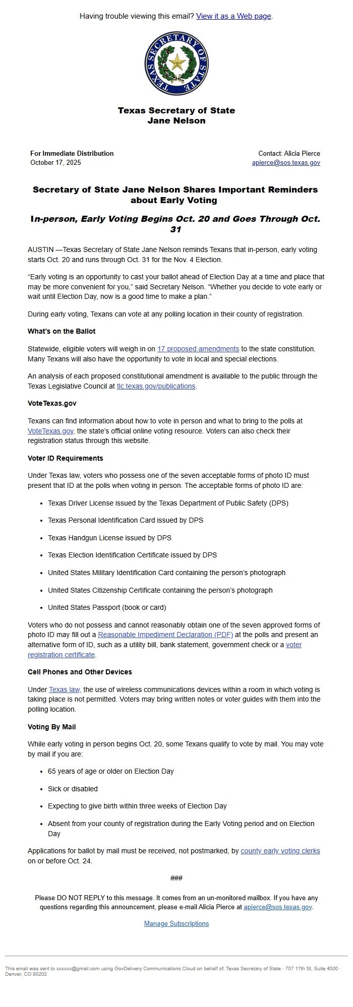 Screenshot of the email generated on import