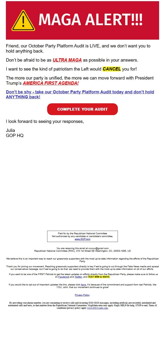 Screenshot of the email generated on import