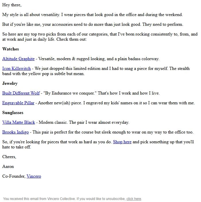 Screenshot of the email generated on import