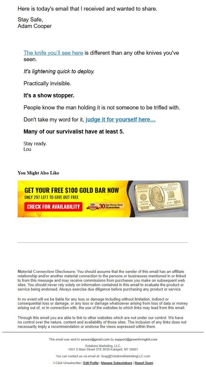 Screenshot of the email generated on import